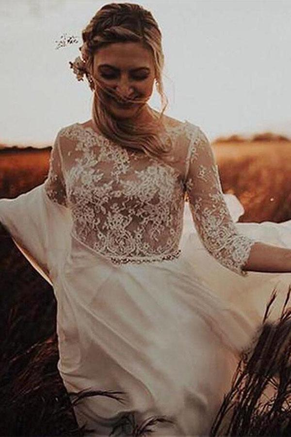 Long Sleeve Bateau See-through Bodice A-line Wedding Dress US4 / Ivory