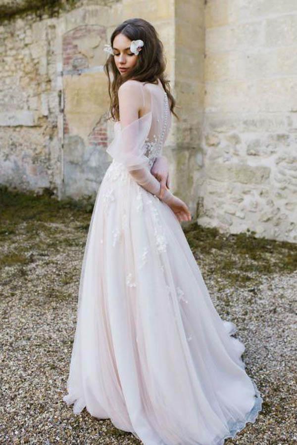 Long Sleeve Beach Wedding Dresses Cold Shoulder Boho Rustic Wedding Dress WD448 - Pgmdress