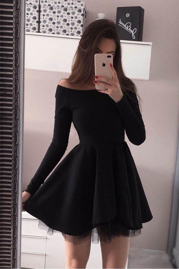 Long Sleeve Homecoming Dresses Off the Shoulder Short Red Prom Dress Custom Size / Black Long Sleeve Homecoming Dresses Off the Shoulder Short Red Prom Dress Custom Size / Black