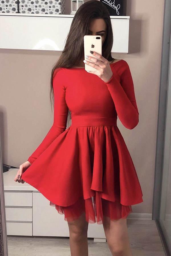 Long Sleeve Homecoming Dresses Off the Shoulder Short Red Prom Dress US6 / Custom Color Long Sleeve Homecoming Dresses Off the Shoulder Short Red Prom Dress US6 / Custom Color