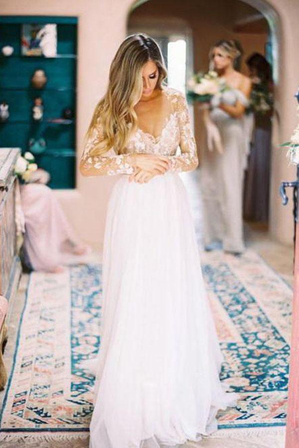 Long Sleeve Ivory Tulle See Through Backless Wedding Dresses WD302 - Pgmdress