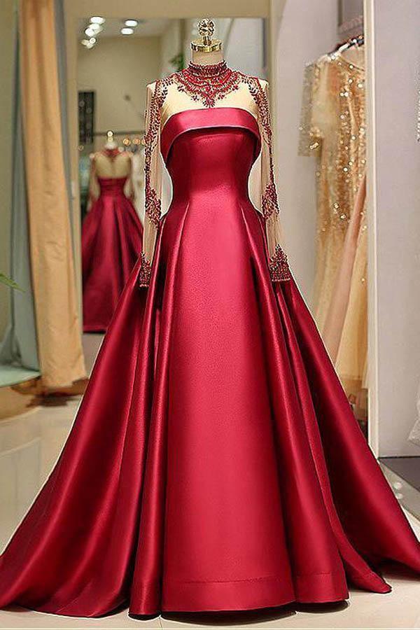 Long Sleeve Prom Dress High Neck Burgundy Evening Dress PSK002 US14 / Custom Color