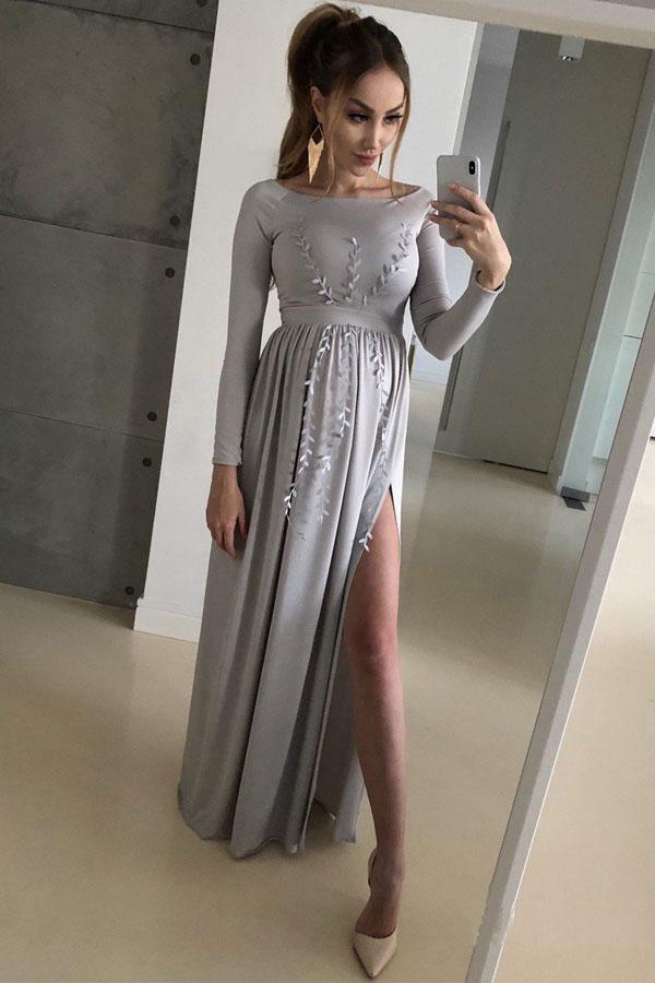 Long Sleeve Silver Prom Dresses Side Slit Blush Pink Lace Formal Dress PG778 - Pgmdress