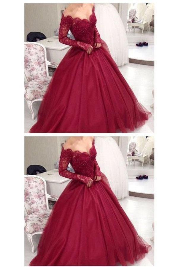 Long Sleeves Ball Gown Burgundy Quinceanera Dress Prom Dress PSK200 - Pgmdress