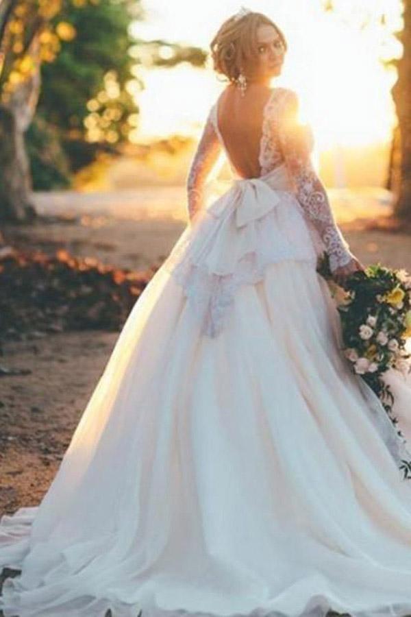 Long Sleeves Ball Gown Organza Wedding Dress with Beading Lace Top WD164 - Pgmdress
