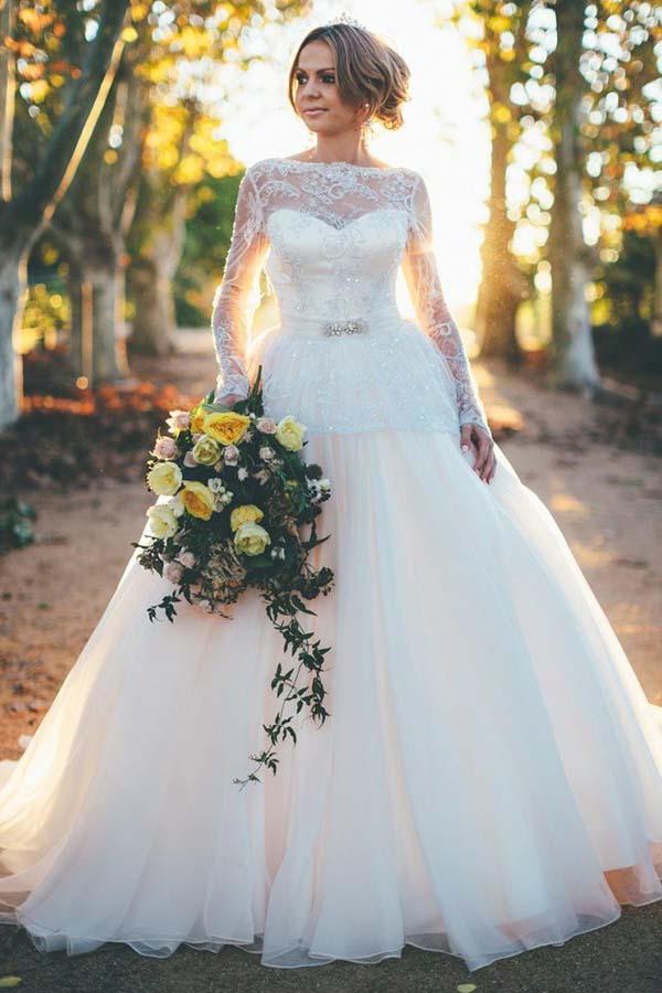 Long Sleeves Ball Gown Organza Wedding Dress with Lace Top WD164 US16 / Ivory