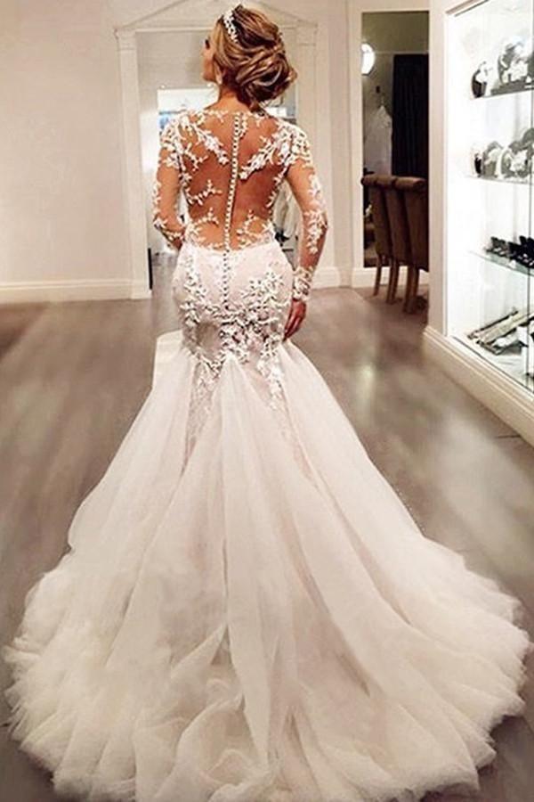 Long Sleeves Court Train Mermaid Wedding Dress with Lace Appliques US0 / Custom Color Long Sleeves Court Train Mermaid Wedding Dress with Lace Appliques US0 / Custom Color