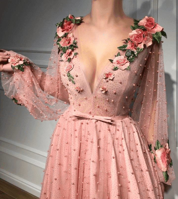 Long Sleeves V Neck 3D Flowers Pink Prom Dresses Formal Dresses PSK063 - Pgmdress