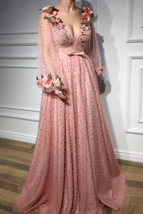 Long Sleeves V Neck 3D Flowers Pink Prom Dress Formal Dress PSK063 US6 / Pink Long Sleeves V Neck 3D Flowers Pink Prom Dress Formal Dress PSK063 US6 / Pink