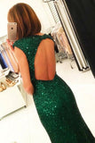 Mermaid Cap Sleeves Dark Green Open Back Sequin Prom Dresses PG487 - Pgmdress