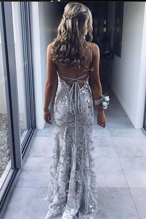 Mermaid Deep V-Neck Sweep Train Grey Tulle Prom Dress PG495 - Pgmdress