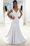 Sirène col en V profond balayage Trian robe de mariée dos nu en Satin blanc WD219