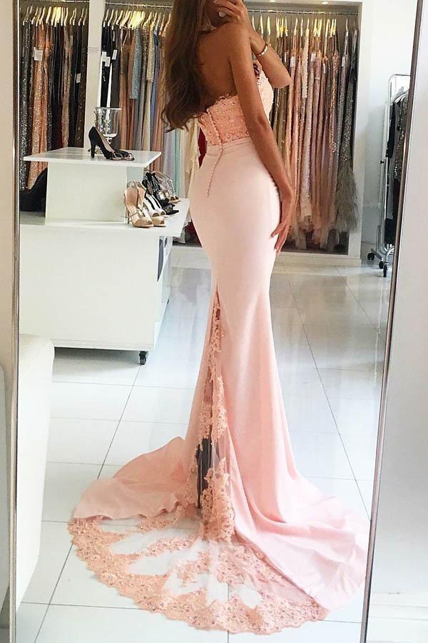 Mermaid High Nack Sweep Train Pink Satin Prom Dress with Beading Lace PG426 - Pgmdress