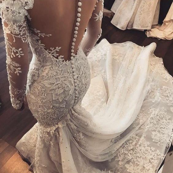 Mermaid Ivory Lace Sweep/Brush Train Scoop Long Sleeve Wedding Dress WD495 - Pgmdress
