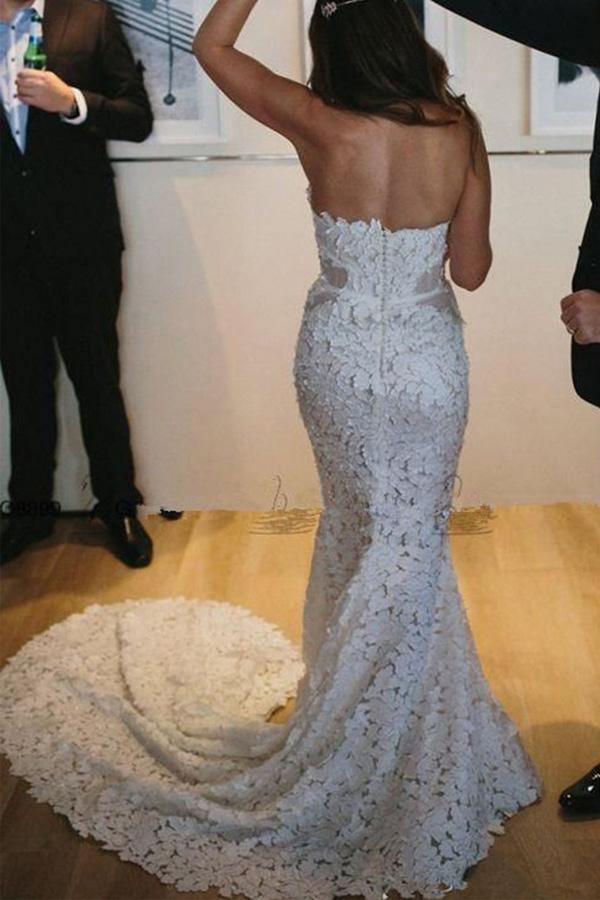 Mermaid Lace Sweetheart Sleeveless Sweep Train Split Wedding Dress WD536 - Pgmdress
