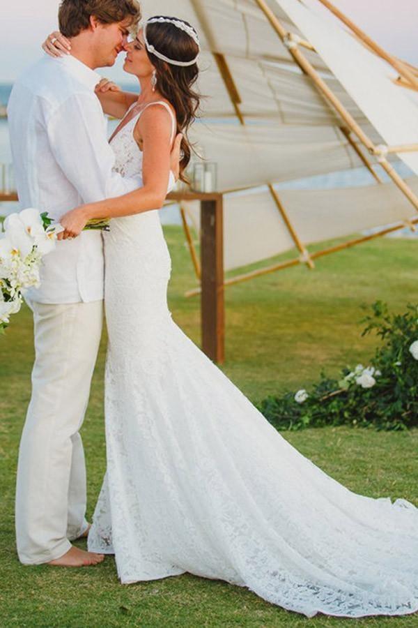 Mermaid Lace V-neck Court Train Beach Wedding Dress WD107 - Pgmdress