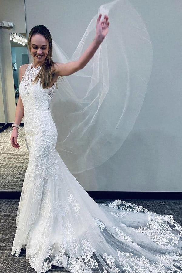 fitted lace wedding dress Detachable Off Shoulder Sleeve Sparkly Mermaid Wedding Dress main image 1