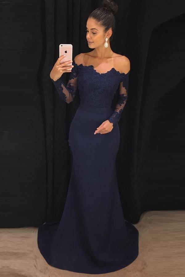 knee length dresses for ladies Mermaid Navy Blue Off Shoulder Prom Dress with Long Sleeves PG723 US16 / Custom Color