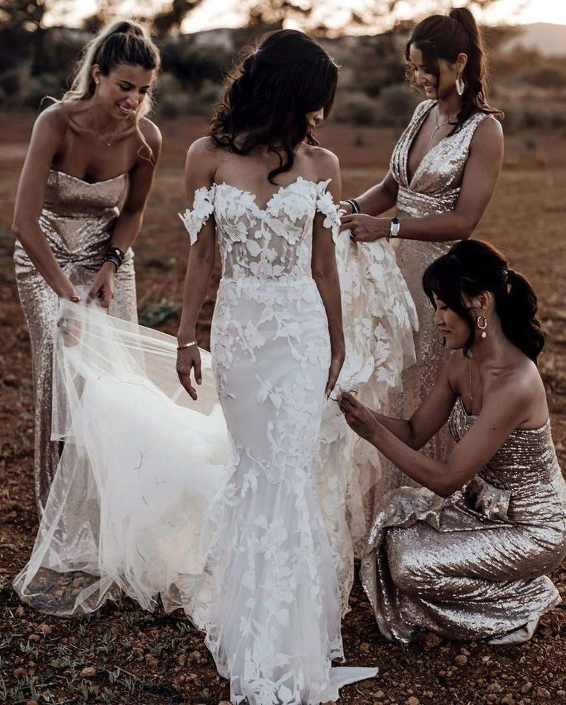Mermaid Off-the-shoulder Tull Applique Amazing Rustic Wedding Dress WD518 - Pgmdress