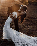 Mermaid Off-the-shoulder Tull Applique Amazing Rustic Wedding Dress WD518 - Pgmdress