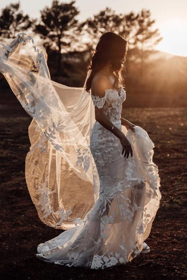 Mermaid Off-The-Shoulder Tull Applique Rustic Wedding Dress WD518 US4 / Ivory