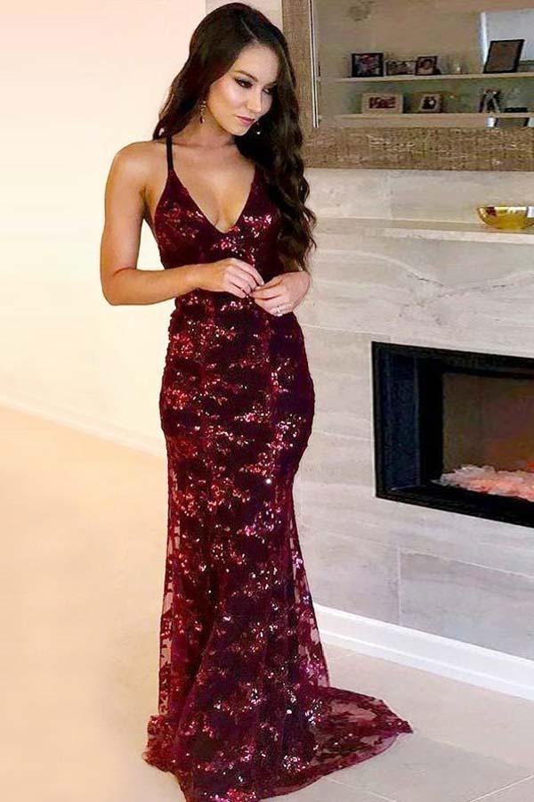 Mermaid Scoop Criss Cross Back Dark Red Prom Dress with Sequined US6 / Burgundy Mermaid Scoop Criss Cross Back Dark Red Prom Dress with Sequined US6 / Burgundy