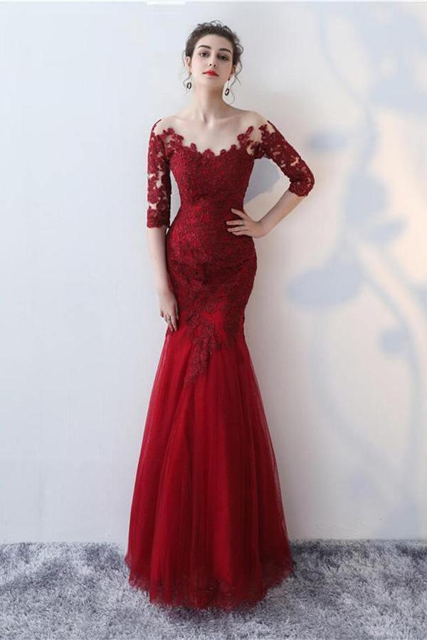 knee length dresses for ladies Elegant Black/Burgundy Mermaid Long Sleeves Lace Prom Dress, Lace Brid –  jbydress main image 1