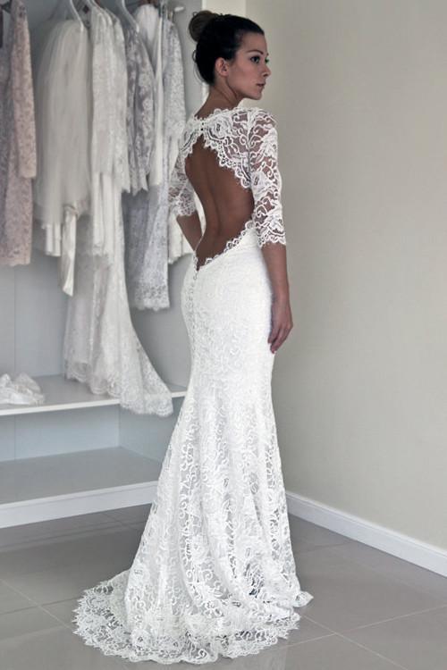 Mermaid Open Back Long Sleeves Wedding Dress with Appliques WD004 US6 / White Mermaid Open Back Long Sleeves Wedding Dress with Appliques WD004 US6 / White