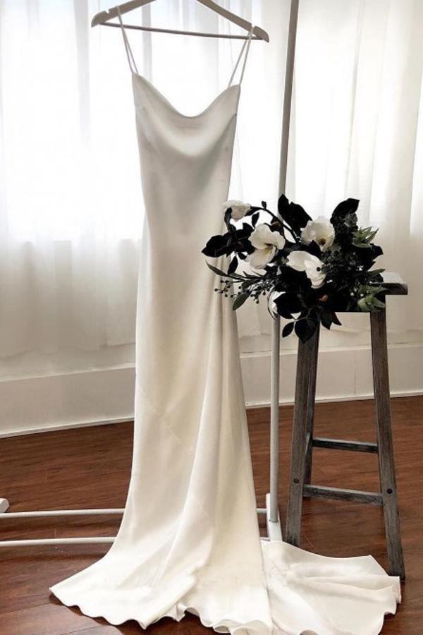 Mermaid Spaghetti Straps Backless Court Train White Wedding Dress WD450 - Pgmdress