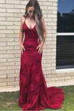 Robe de bal sirène bordeaux à bretelles spaghetti et dos nu en dentelle PG470