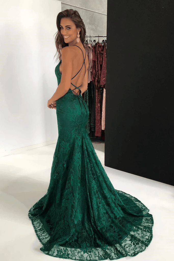 Mermaid Spaghetti Straps Lace Backless Burgundy Prom Dress PG470 US16 / Dark Green Mermaid Spaghetti Straps Lace Backless Burgundy Prom Dress PG470 US16 / Dark Green