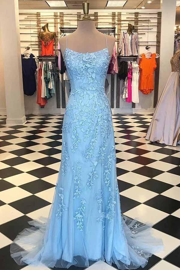 Mermaid Spaghetti Straps Criss Cross Light Blue Lace Long Prom Dresses PG721 - Pgmdress