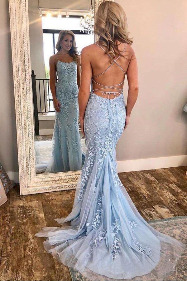 Mermaid Spaghetti Straps Criss Cross Light Blue Lace Long Prom Dresses PG721