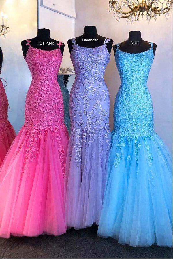 Mermaid Spaghetti Straps Floor Length Lilac Prom Dress With Appliques PSK137 - Pgmdress