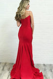 Mermaid Spaghetti Straps Low Cut Red Satin Prom Party Dress with Split PG761 - Pgmdress