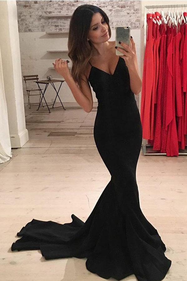 Mermaid Spaghetti Straps Sweep Train Black Satin Prom Dress US0 / Custom Color Mermaid Spaghetti Straps Sweep Train Black Satin Prom Dress US0 / Custom Color