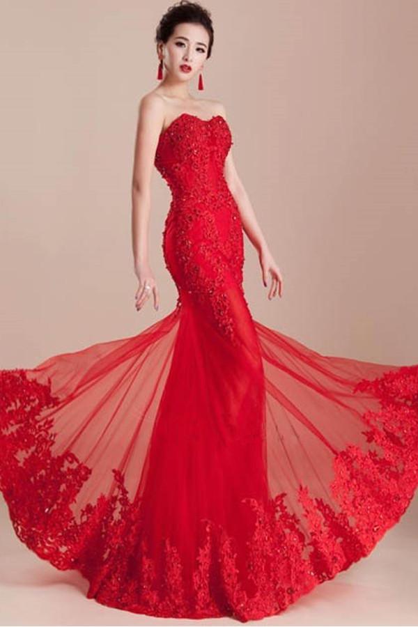 open lace back dress Mermaid Sweetheart Appliques Beading Red Long Prom Dress PG321 – Pgmdress