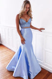 Zweiteiliges, blaues Satin-Ballkleid mit Schnürung im Meerjungfrau-Stil, langes Ball-/Abendkleid PG888