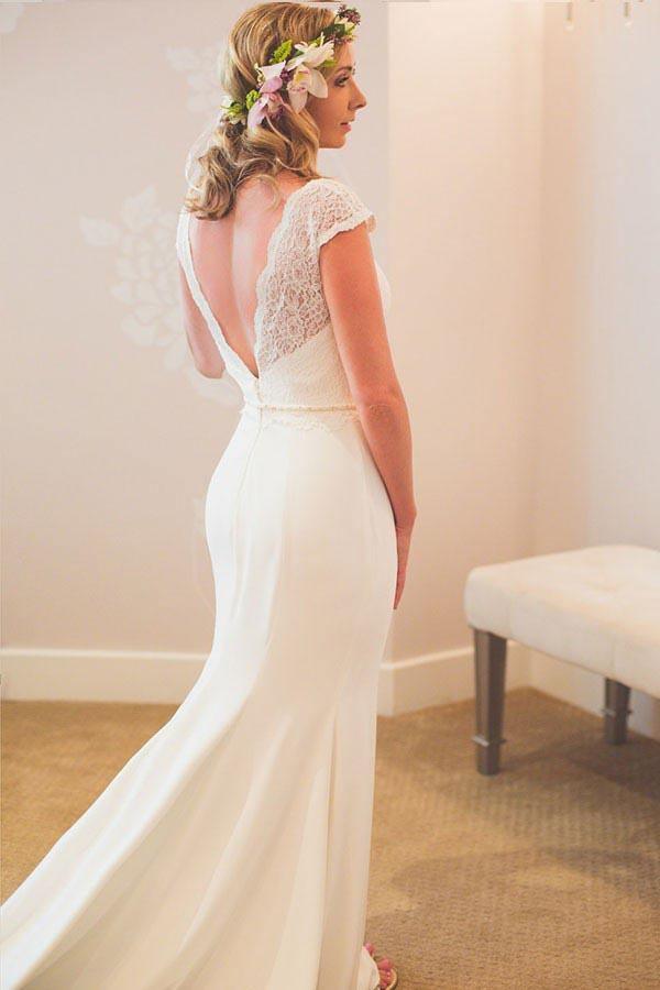 Mermaid V-Neck Court Train Low Cut Satin Wedding Dress with Lace WD279 - Pgmdress