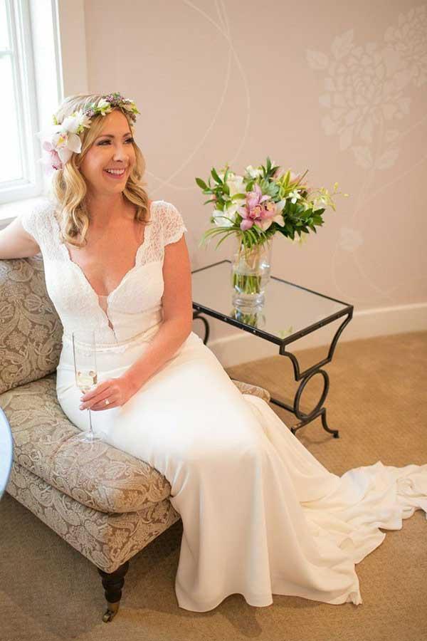 Mermaid V-Neck Court Train Low Cut Satin Wedding Dress with Lace WD279 - Pgmdress