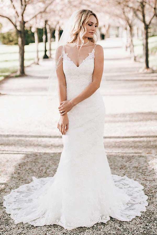 Mermaid V-Neck Sweep Train Sleeveless Lace Wedding Dress WD322 - Pgmdress