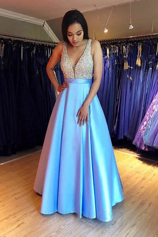 Modest V-neck Sleeveless Blue Prom Dress with Beading PSK081 US0 / Custom Color Modest V-neck Sleeveless Blue Prom Dress with Beading PSK081 US0 / Custom Color