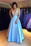 Robe de bal bleue modeste à encolure en V et sans manches avec perles PSK081