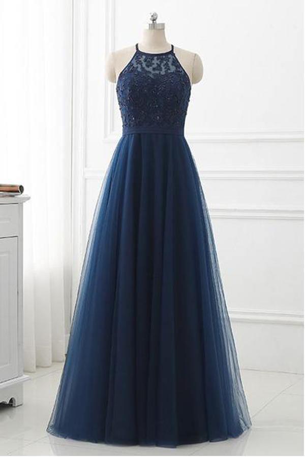 Navy Blue Lace High Neck Tulle Long Prom Dress Evening Dresses PSK100 - Pgmdress