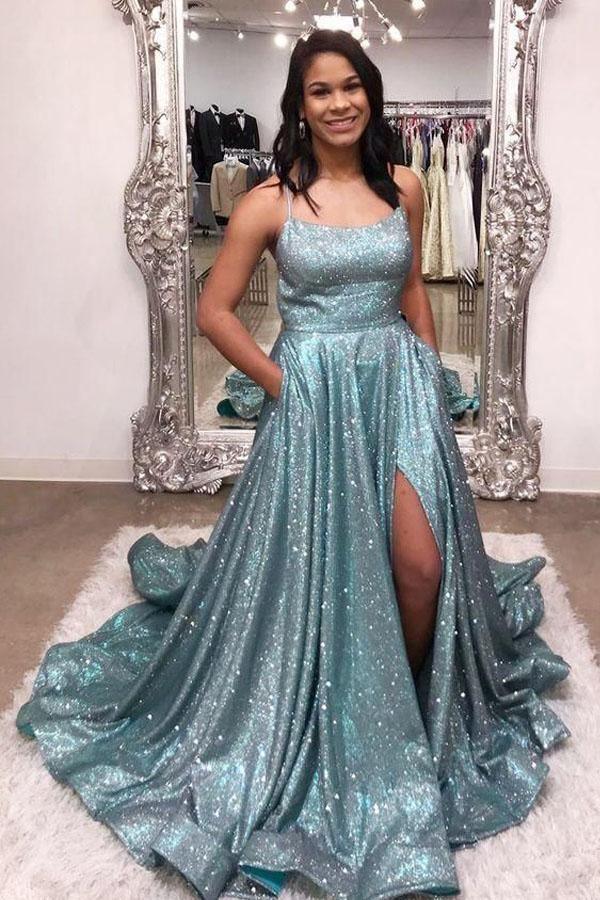 Navy Blue Long Prom Dresses with Pockets Split Evening Dresses PSK188 - Pgmdress