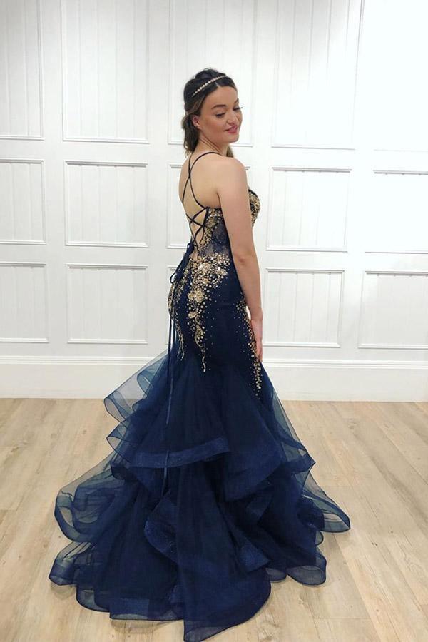 Navy Tulle Gold Beaded Spaghetti Straps Mermaid Prom Dress PSK023 - Pgmdress