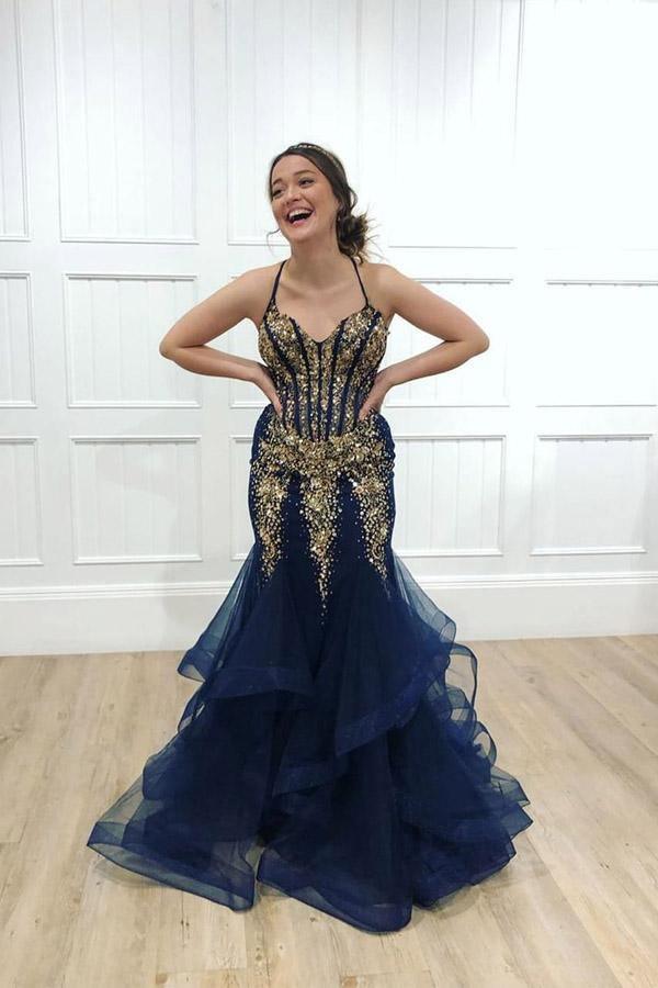 Navy Tulle Gold Beaded Spaghetti Straps Mermaid Prom Dress US0 / Navy/Gold