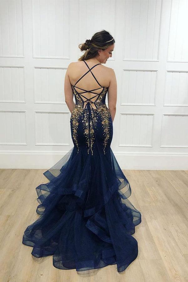 Navy Tulle Gold Beaded Spaghetti Straps Mermaid Prom Dress PSK023 - Pgmdress