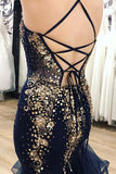 Navy Tulle Gold Beaded Spaghetti Straps Mermaid Prom Dress PSK023 - Pgmdress