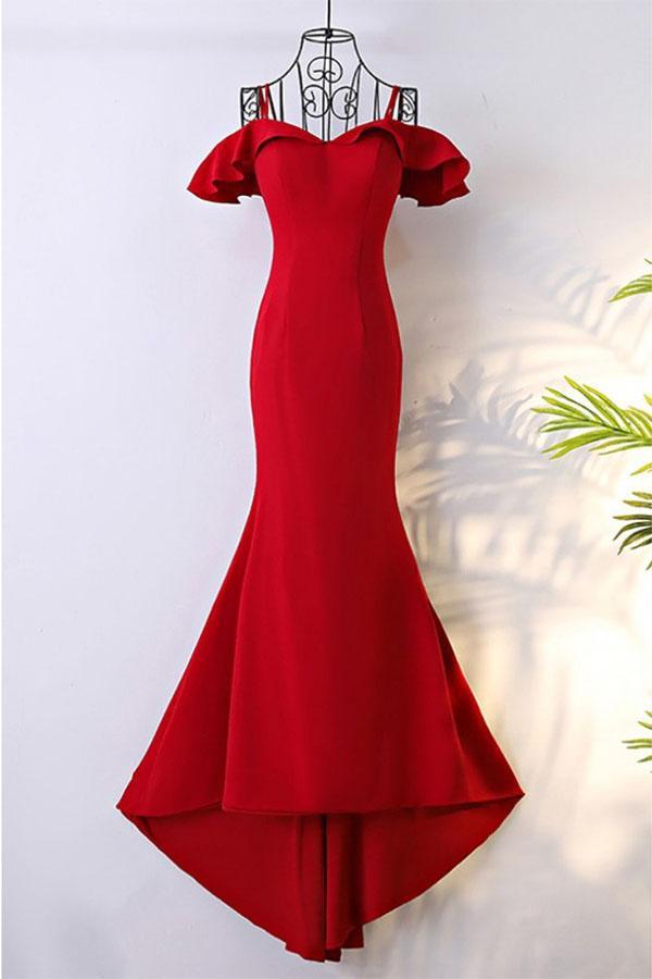 Off Shoulder Classy Long Mermaid Red Prom Dress with Train PG596 US10 / Custom Color Off Shoulder Classy Long Mermaid Red Prom Dress with Train PG596 US10 / Custom Color